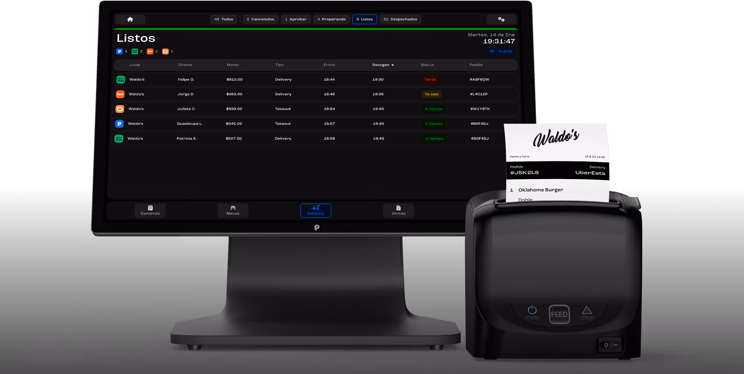 Panel de PoloTab mostrando la funcionalidad integrada de delivery apps para restaurantes y cafeterías en México