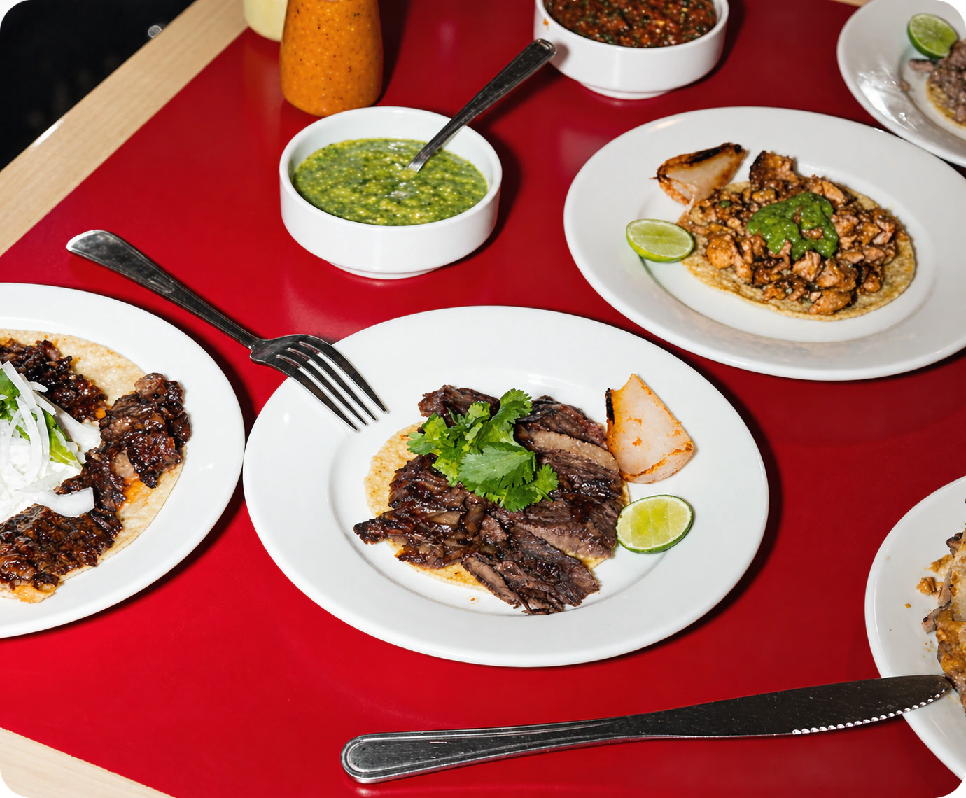 Tacos y salsas servidos en Tacos Domingo
